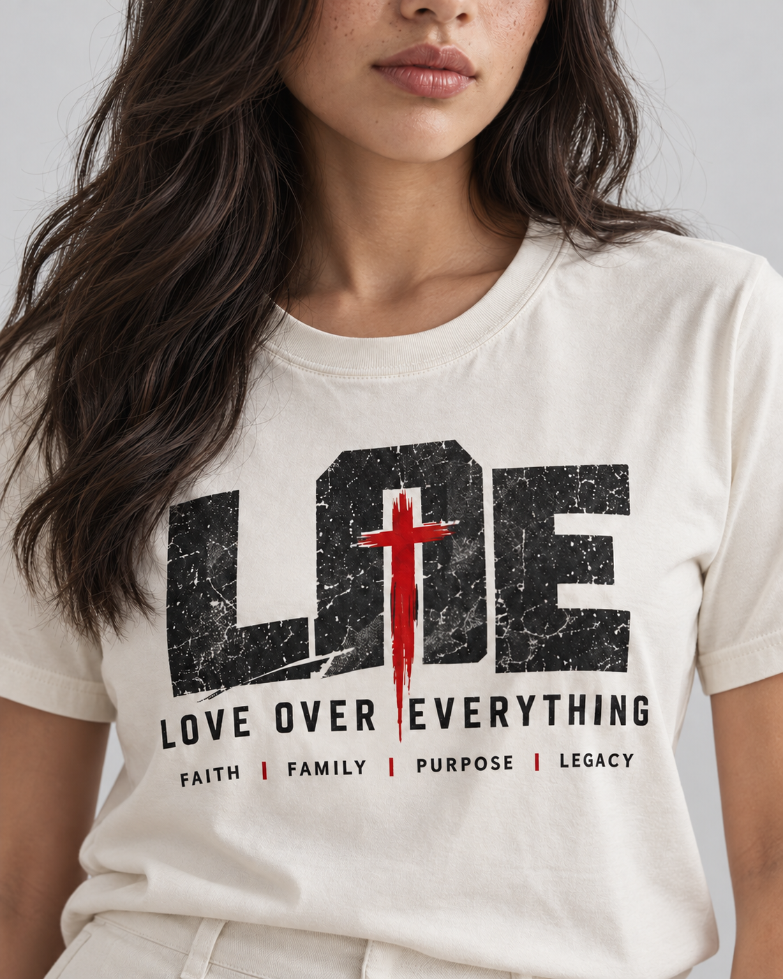 Model wearing the wihte Love Over Everything T-shirt