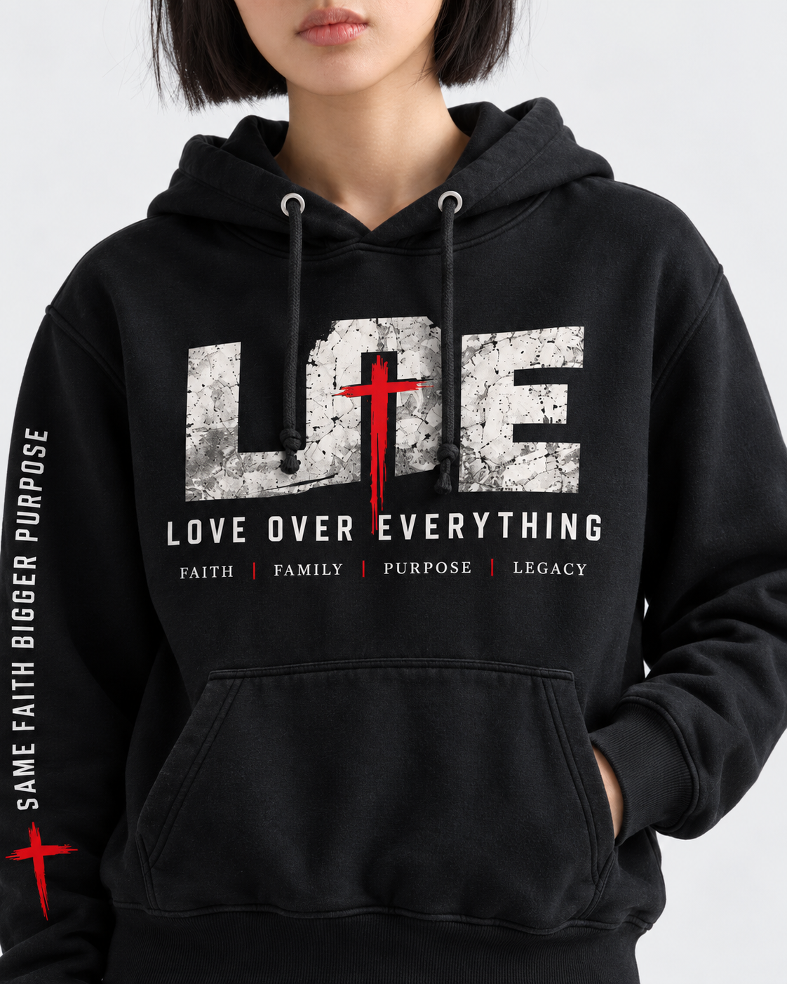 Black Love Over Everything hoodie, chest detail | color:black