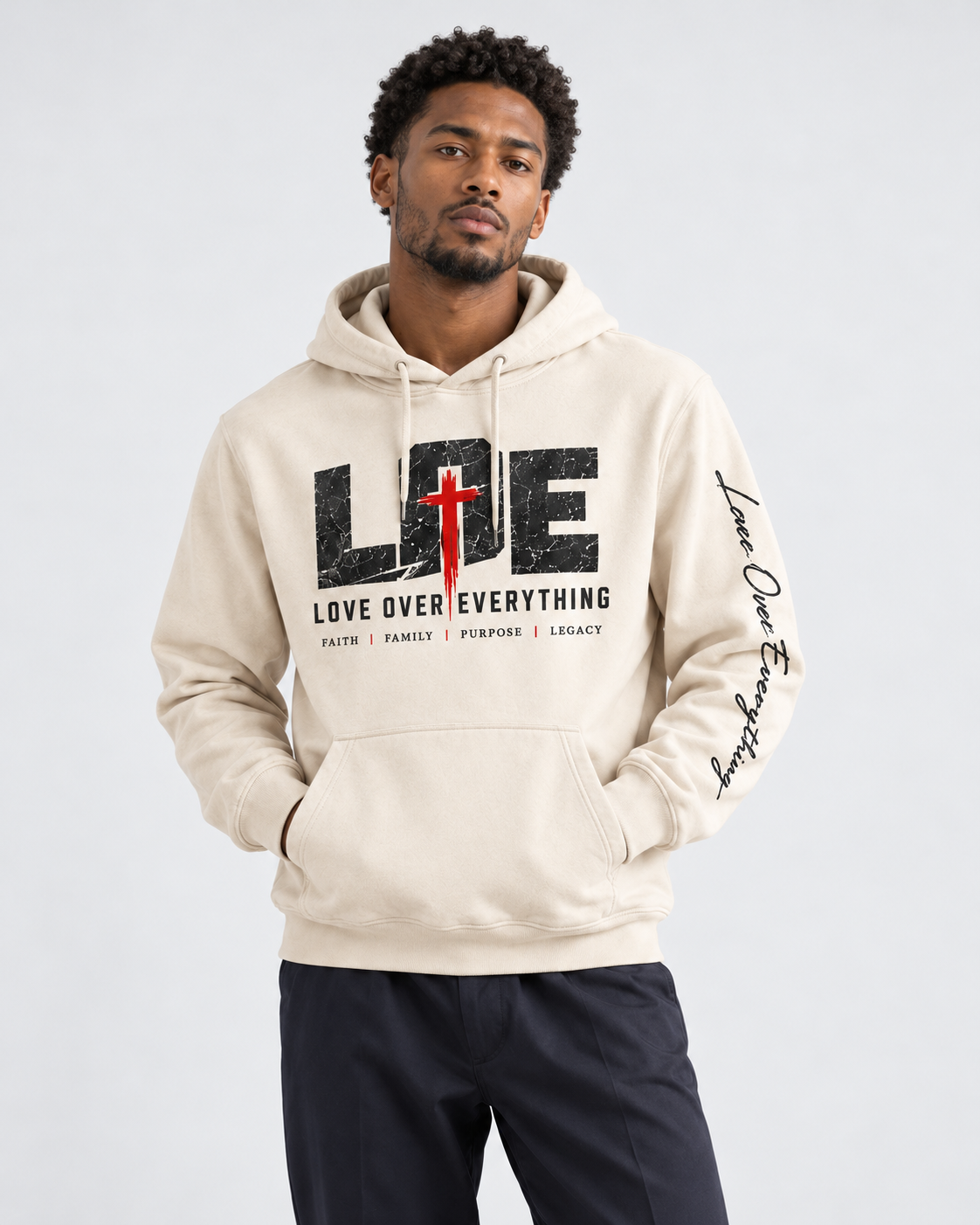 Model wearing the white Love Over Everything hoodie | color:white
