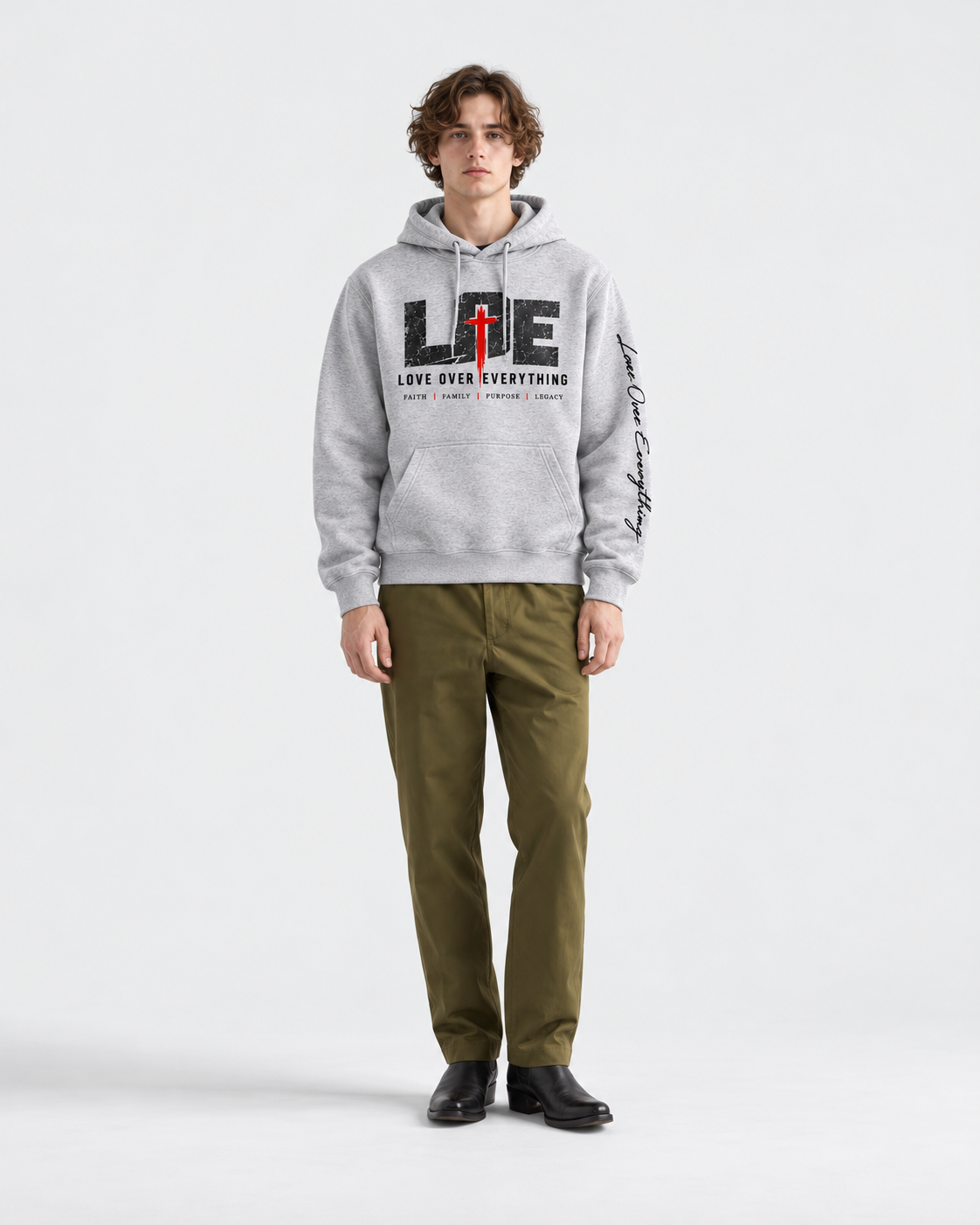 Model wearing Love Over Everything Hoodie in Gray