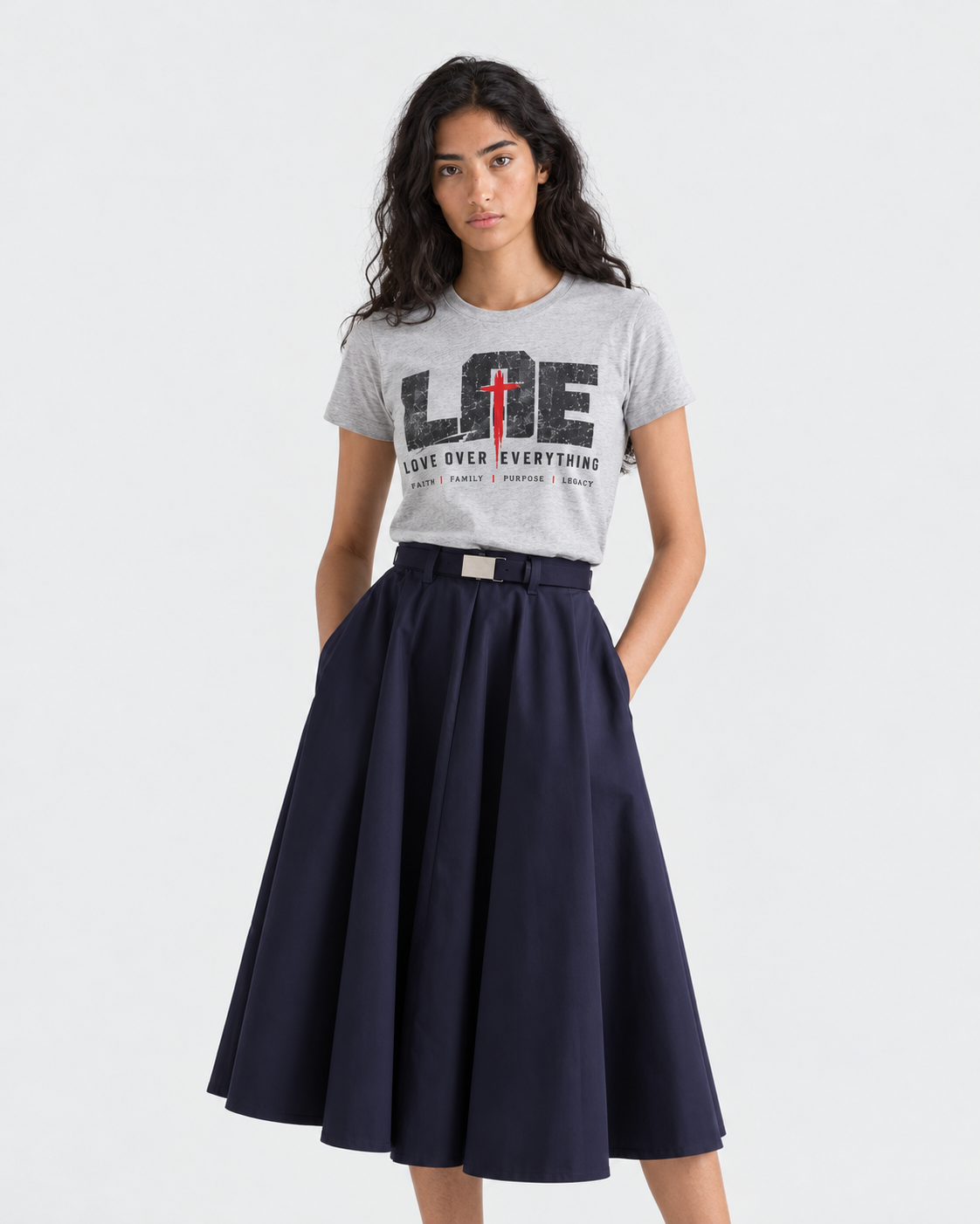 Model wearing Love Over Everything T-Shirt in Gray